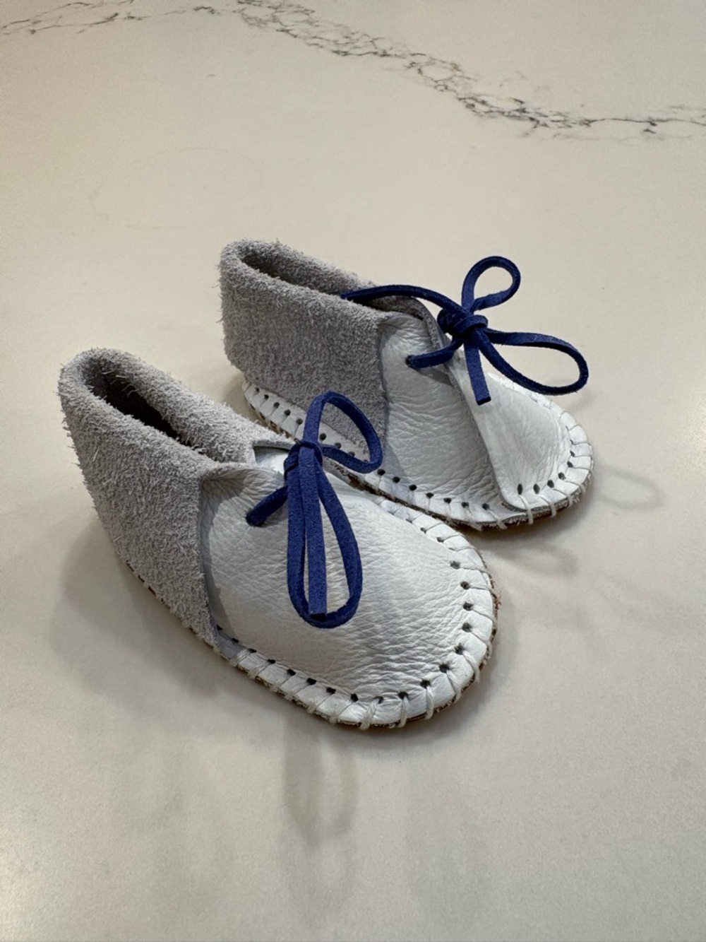Baby 0-3 Months White & Gray Genuine Leather Moccasin Booties Shoes